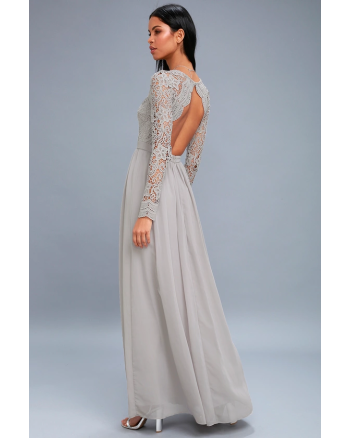 Awaken My Love Light Grey Long Sleeve Lace Maxi Dress